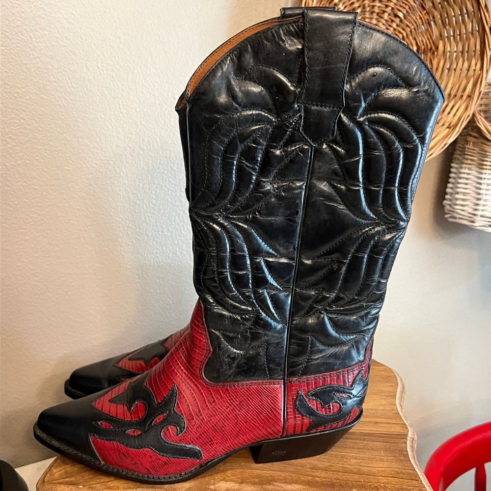 Flings Sundance Vintage Western Boots Red Black Lizard Print Leather Brazil 7.5 - Picture 4 of 8